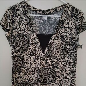 JKLA Women’s Black Beige Floral Blouse Short Sleeve Top Size Medium Casual